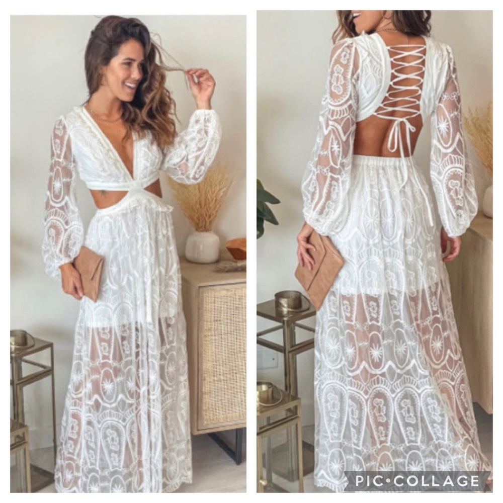 White Cut out Lace Bubble Sleeve Maxi Dress